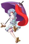  1girl alphes_(style) blue_eyes blue_hair dairi heterochromia highres karakasa_obake long_sleeves looking_at_viewer parody red_eyes short_hair simple_background skirt smile solo style_parody tatara_kogasa touhou umbrella white_background 