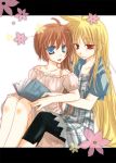  2girls ahoge between_legs blonde_hair blue_eyes book brown_hair camisole casual fate_testarossa fatexnano flower letterboxed long_hair lyrical_nanoha mahou_shoujo_lyrical_nanoha_strikers multiple_girls off-shoulder_dress red_eyes side_ponytail takamachi_nanoha very_long_hair yuri 