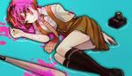  1girl baseball_bat black_legwear blood blood_stain blue_background bookcage camera dangan_ronpa death freckles green_eyes koizumi_mahiru lying necktie redhead school_uniform short_hair skirt solo spoilers super_dangan_ronpa_2 