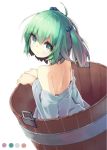  1girl back bucket green_eyes green_hair hair_bobbles hair_ornament in_bucket in_container japanese_clothes kimono kisume long_sleeves looking_at_viewer looking_back off_shoulder short_hair simple_background solo teco_uk touhou twintails white_background wide_sleeves 