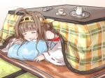  1girl ahoge brown_hair closed_eyes cup detached_sleeves drooling gotaishu hairband japanese_clothes kantai_collection kongou_(kantai_collection) kotatsu long_hair nontraditional_miko personification pillow sleeping solo table teacup wide_sleeves 