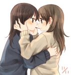 2girls black_hair blush brown_hair eye_contact hachiko_(hati12) hand_on_another&#039;s_face incipient_kiss long_hair looking_at_another multiple_girls original pocky pocky_day sharing_food smile sweater yuri 