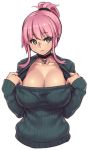  1girl breasts bust choker cleavage green_eyes houtengeki large_breasts looking_at_viewer original pink_hair ponytail ribbed_sweater short_hair solo sweater 