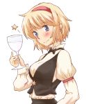  1girl alice_margatroid alternate_costume blonde_hair blue_eyes blush bust contemporary cup earrings jewelry looking_at_viewer non_(z-art) short_hair smile solo star touhou vest wine_glass 