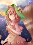  1girl animal_ears brown_hair front_mae futatsuiwa_mamizou glasses hair_ornament hat holding leaf leaf_hair_ornament moon raccoon_ears raccoon_tail red_eyes shirt solo tail touhou wink 