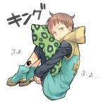  1boy ayao77 boots brown_eyes brown_hair floating hoodie king_(nanatsu_no_taizai) looking_at_viewer nanatsu_no_taizai pillow pillow_hug serious shirt short_hair simple_background solo tattoo translation_request white_background 