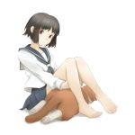  1girl barefoot black_hair cat feet leg_hug legs original roro_(yamagata) school_uniform short_hair sitting skirt solo white_background 