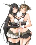  2girls armpits black_hair breast_press breasts brown_hair chain gloves green_eyes hairband highres holding_hands kaminagi_(kaminagi-tei) kantai_collection large_breasts midriff multiple_girls mutsu_(kantai_collection) nagato_(kantai_collection) navel open_mouth personification red_eyes symmetrical_docking thighhighs 