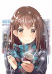  1girl blush brown_eyes brown_hair canned_coffee jacket kinugasa_yuuichi long_hair original scarf smile snow solo 