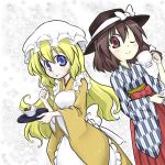  2girls alternate_costume apron cup food food_on_face futa4192 hat long_hair long_sleeves looking_at_viewer maribel_hearn multiple_girls ribbon smile teacup touhou usami_renko 