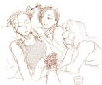  3girls bouquet flower fullmetal_alchemist komori_uta_(festa) lowres monochrome multiple_girls 