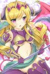  1girl blonde_hair blush demon_wings headdress horns lilith_(p&amp;d) long_hair natsume_koro navel open_mouth pointy_ears puzzle_&amp;_dragons red_eyes scythe snake wings 