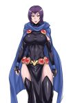  1girl belt black_beat breasts cape clothed_navel dc_comics elbow_gloves fingerless_gloves forehead_jewel gloves highres large_breasts leotard lips purple_hair raven_(dc) rough short_hair skin_tight smile teen_titans thigh-highs violet_eyes 