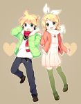  1boy 1girl blonde_hair dress green_legwear hair_ornament happy holding_hands jacket kagamine_len kagamine_rin looking_at_viewer miyamakoume open_mouth pullover scarf shoes short_hair smile tagme vocaloid winter_clothes 
