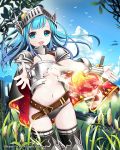  1girl armor axe blue_eyes blue_hair breasts broken_armor grass heart long_hair looking_at_viewer navel original outdoors sky smile solo tin_(wsp85205) tin_man_(cosplay) under_boob weapon windmill 