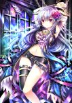  1girl arms_up chain cuffs horns key long_hair looking_at_viewer navel original pointy_ears purple_hair rudia solo violet_eyes 