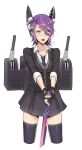  1girl black_legwear blush checkered_necktie eyepatch fingerless_gloves gloves headgear highres kantai_collection leaf98k machinery open_mouth personification purple_hair short_hair solo sword tenryuu_(kantai_collection) thighhighs turret weapon yellow_eyes 