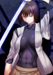  1girl abs brown_eyes brown_hair glowing glowing_sword glowing_weapon highres hyuuga_(kantai_collection) kantai_collection katana niwatazumi open_mouth short_hair skirt solo sword weapon 