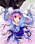  1girl arm_ribbon blue_dress breasts cherry_blossoms dress hat large_breasts long_sleeves looking_at_viewer open_mouth pink_hair red_eyes saigyouji_yuyuko sala_mander sash smile solo touhou tree wide_sleeves 