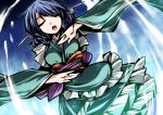  1girl blue_hair closed_eyes head_fins hemogurobin_a1c japanese_clothes mermaid monster_girl open_mouth short_hair solo touhou wakasagihime wide_sleeves 