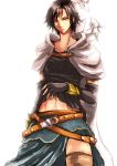  1boy animal_on_shoulder black_hair boots capelet crossdressinging dragon&#039;s_dogma elbow_gloves fingerless_gloves ga-ryuu gloves heterochromia multiple_belts navel pawn_(dragon&#039;s_dogma) red_eyes side_slit skirt solo thigh-highs thigh_boots yellow_eyes 