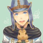  androgynous blue_eyes blush dragon&#039;s_dogma hat head_tilt holding_animal lowres open_mouth pawn_(dragon&#039;s_dogma) rabbit ritsu_(0015-xxxlxxxr) scarf smile solo 