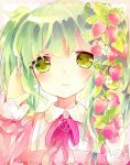  1girl bowtie food food_as_clothes fruit green_eyes green_hair hatsune_miku highres remimim solo strawberry twintails vocaloid 