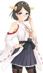  1girl armpits black_hair blue_eyes detached_sleeves glasses hairband hand_on_hip he92 highres japanese_clothes kantai_collection kirishima_(kantai_collection) looking_at_viewer personification short_hair smile solo thigh-highs wide_sleeves 