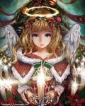  1girl angel angel_wings blonde_hair blue_eyes candle capelet christmas christmas_tree copyright_request eyelashes feathered_wings hairband halo horim lips long_hair looking_at_viewer solo wings 