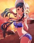  1girl artist_request bikini blue_hair blush bracelet breasts cleavage frilled_bikini frills front-tie_top hat idolmaster idolmaster_million_live! jewelry kitakami_reika lens_flare long_hair looking_at_viewer musical_note necklace official_art open_mouth strap_gap swimsuit yellow_eyes 
