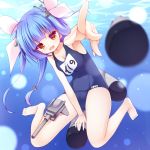  1girl blue_hair breasts cleavage i-19_(kantai_collection) kantai_collection long_hair one-piece_swimsuit open_mouth personification red_eyes school_swimsuit solo swimsuit torpedo twintails underwater yuku_(kiollion) 