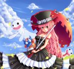 1girl breasts cleavage cloudy_sky dress frilled_dress frills ghost hat horns kumacy lipstick long_hair makeup nail_polish one_piece perona petals pink_hair smile solo strapless_dress stuffed_toy tattoo tongue top_hat umbrella very_long_hair violet_eyes watch watch yumiyokiak 