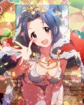  1girl :d bikini blue_hair blush bracelet breasts cape cleavage confetti idolmaster idolmaster_million_live! jewelry looking_at_viewer miura_azusa musical_note necklace open_mouth pink_eyes short_hair smile solo swimsuit tiara waving 