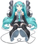  1girl aqua_eyes aqua_hair boots detached_sleeves hatsune_miku highres long_hair microphone necktie open_mouth sitting skirt solo speaker thigh_boots thighhighs twintails very_long_hair vocaloid white_background yasu 