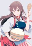  +_+ 1girl :q akagi_(kantai_collection) brown_hair food food_on_face japanese_clothes kantai_collection long_hair moriyama_(kuromorry) muneate personification rice rice_on_face rice_spoon simple_background solo tongue 