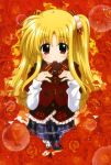  1girl alicia_testarossa artist_request blonde_hair blush chocolate chocolate_heart flower frills heart highres long_hair long_sleeves lyrical_nanoha mahou_shoujo_lyrical_nanoha_innocent mouth_hold red_eyes smile solo sparkle twintails valentine 