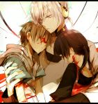  1girl 2boys amamiya_hibiya asahina_hiyori ayatoki-1 black_hair blood brown_hair headphones hoodie kagerou_project konoha_(kagerou_project) konoha_no_sekai_jijou_(vocaloid) long_hair multiple_boys red_eyes short_hair short_ponytail tears twintails 