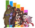  3boys 4girls antenna_hair bangs bare_shoulders black_hair black_panties blonde_hair blunt_bangs cloak dva face_mask fur_trim gas_mask gauntlets general_pepel glasses gloves green_eyes hat helmet hoshimiya_kate jimon_asuta long_hair mask mask_removed midriff military military_uniform morozumi_yasube multiple_boys multiple_girls natasha_(sekai_seifuku) navel open_mouth panties peaked_cap plamja-sama professor_um red_eyes ribbon roboko_(sekai_seifuku) robot sekai_seifuku:_bouryaku_no_zvezda shikabane_gorou shikabane_itsuka silver_hair smile star stuffed_toy sword underwear uniform venera-sama very_long_hair violet_eyes weapon xharunoyasaix 