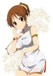  1girl armlet blush breasts brown_hair china_dress chinese_clothes earrings hair_ribbon hirasawa_ui jewelry k-on! large_breasts ponytail ragho_no_erika ribbon short_hair smile solo 