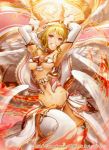  1girl blonde_hair blush breasts fireball long_hair looking_at_viewer red_eyes smile solo ss39 wings 