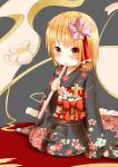  1girl absurdres alternate_costume blonde_hair blush cross eating floral_print flower food_in_mouth hair_flower hair_ornament hair_ribbon highres japanese_clothes kimono miutolily multicolored_background obi petals red_eyes ribbon rumia sash seiza short_hair sitting sleeves_past_wrists solo touhou 