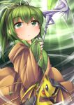  1girl duel_monster frown fun_bo green_eyes green_hair hair_ribbon petit_dragon ponytail ribbon staff wynn yuu-gi-ou 
