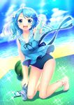  1girl 33paradox beach blue_eyes blue_hair bottle dress fang food fruit highres original school_swimsuit swimsuit swimsuit_under_clothes twintails watermelon 