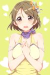  1girl bare_shoulders blush breasts brown_hair clearite dress hair_ornament heart koizumi_hanayo looking_at_viewer love_live!_school_idol_project open_mouth short_hair solo violet_eyes 