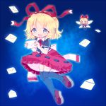  1girl blonde_hair blouse blue_background blue_eyes envelope flying gradient gradient_background hair_ribbon leg_up looking_at_viewer mary_janes matsuri_(powq) medicine_melancholy necktie open_mouth ribbon shoes short_hair short_sleeves simple_background skirt solo su-san thigh-highs touhou wings 