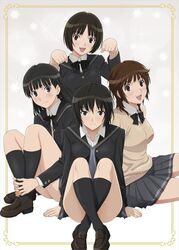  4girls amagami arm_support ayatsuji_tsukasa black_eyes black_hair blush brown_eyes brown_hair kneehighs legs long_hair multiple_girls nanasaki_ai official_art open_mouth paw_pose sakurai_rihoko school_uniform shoes short_hair simple_background sitting skirt smile tachibana_miya white_background 