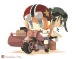  artist_name black_hair blue_eyes brown_hair chameleon_man_(three) charlotte_e_yeager chibi driving francesca_lucchini goggles goggles_on_head green_eyes helmet long_hair motor_vehicle motorcycle motorcycle_helmet shorts simple_background strike_witches sunglasses sunglasses_on_head vehicle white_background 