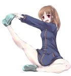  1girl breasts brown_hair legs long_hair open_mouth ponytail red_eyes saki shoes simple_background smile sneakers solo takakamo_shizuno thighs white_background yui_(imprinting) 
