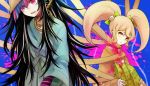  2girls bandages black_hair blonde_hair blood blood_stain blue_background bookcage bow dangan_ronpa death hair_bow hospital_gown japanese_clothes kimono long_hair mioda_ibuki multicolored_hair multiple_girls open_mouth piercing pink_eyes pink_hair saionji_hiyoko spoilers strangling super_dangan_ronpa_2 tears twintails yellow_eyes 