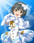  1girl black_hair blue_background bow brown_eyes capelet dress elbow_gloves fur fur_collar fur_trim gloves hair_bow hairband heart heart_hands idolmaster idolmaster_cinderella_girls jpeg_artifacts kohinata_miho looking_at_viewer mittens official_art short_hair smile snowflakes solo sparkle tagme white_dress white_gloves winter_clothes 